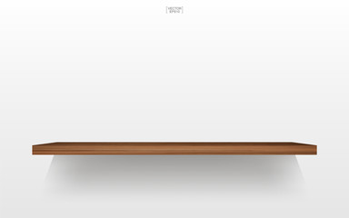 Empty wood shelf on white background with soft shadow. 3D empty wooden shelves on white wall. Vector.