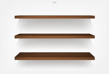 Empty wood shelf on white background with soft shadow. 3D empty wooden shelves on white wall. Vector.