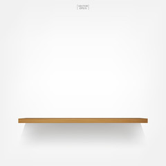 Empty wood shelf on white background with soft shadow. 3D empty wooden shelves on white wall. Vector.