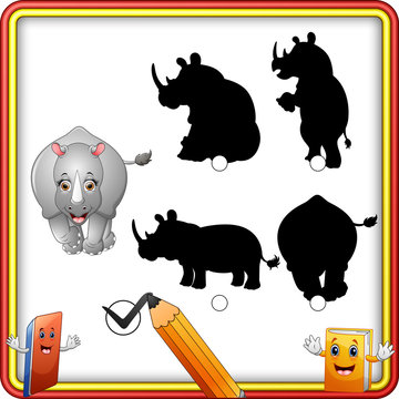 Find the correct shadow. Cartoon funny rhino. Education Game for Children