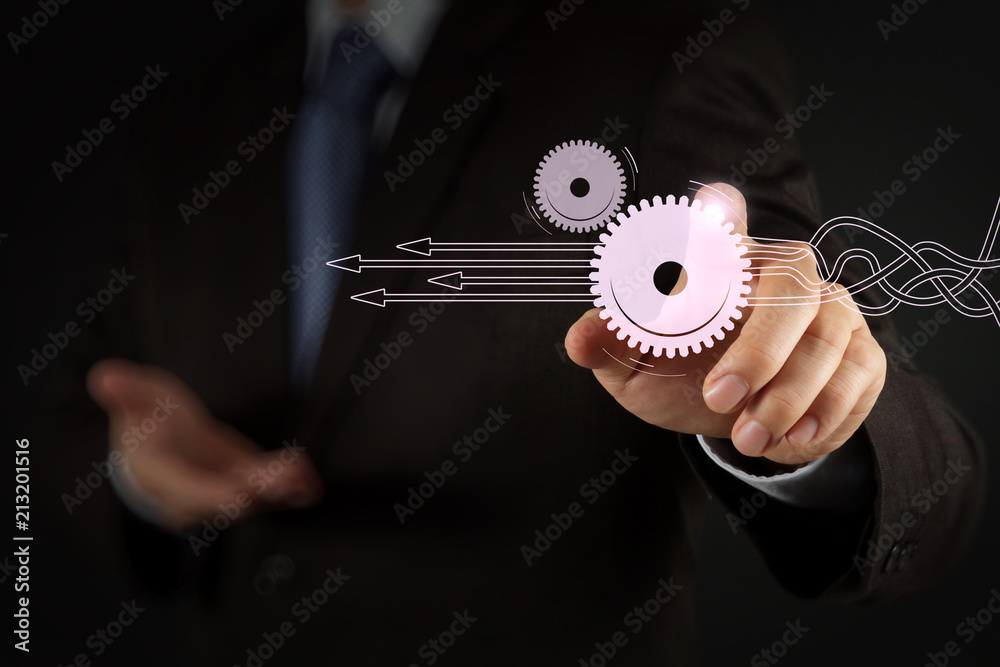 Poster businessman hand pressing an imaginary button on virtual screen