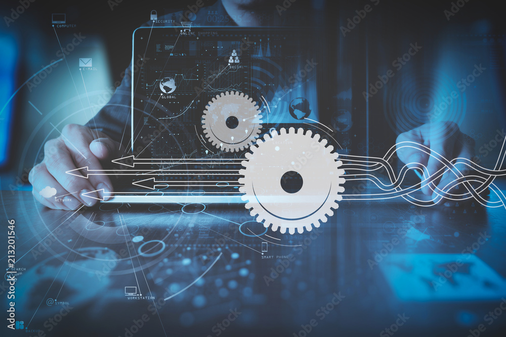 Poster businessman hand working with modern laptop computer in modern office with virtual icon diagram