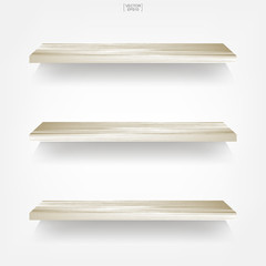 Empty wood shelf on white background with soft shadow. 3D empty wooden shelves on white wall. Vector.