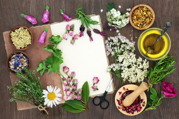 Herbs and flowers for alternative herbal medicine with old hemp notebook, mortar with pestle oil...
