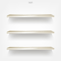 Empty wood shelf on white background with soft shadow. 3D empty wooden shelves on white wall. Vector.