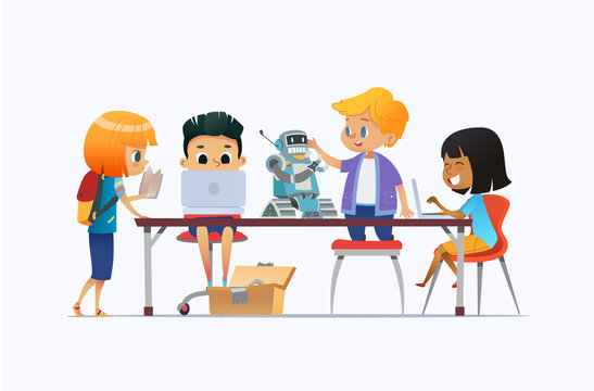 Boys and girls standing and sitting around desk with laptops and robot and working on school project for programming lesson. Concept of coding and robotics for kids. Flat cartoon vector illustration.