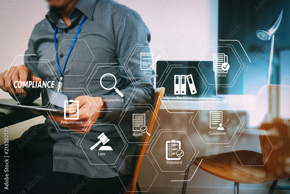 Poster businessman working with digital tablet and laptop computer and card tag in modern office