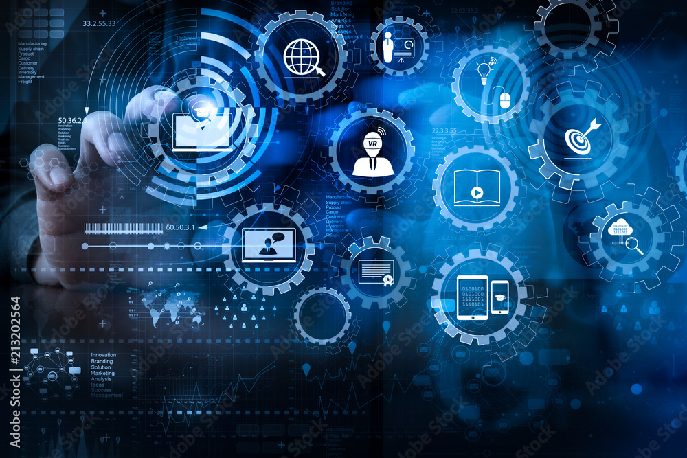 Poster businessman hand working with modern technology and digital layer effect as business strategy concep