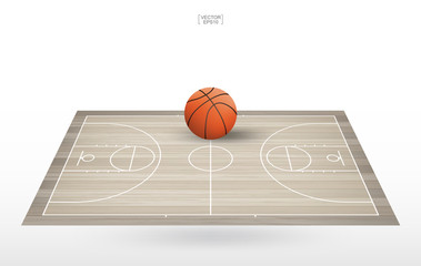 Basketball ball on basketball court with wooden floor pattern and texture. Perspective view of basketball field for background. Vector.