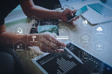 business concept.Businessman working stock exchange project modern office.Laptop computer digital table and smart phone.Internet connection technology. Double exposure effect photo