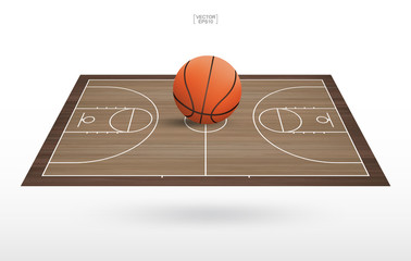 Basketball ball on basketball court with wooden floor pattern and texture. Perspective view of basketball field for background. Vector.