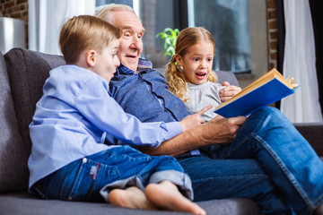 Positive little siblings reading a book with their grandfather