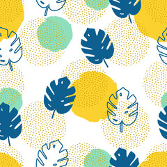 Vector seamless pattern with monstera palm leaves and geometric elements. Trendy summer tropical design.