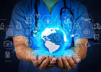 Health care and medical services concept with flat line AR interface.smart medical doctor working...