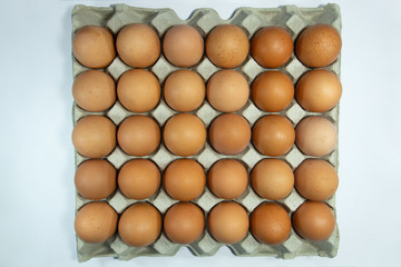eggs in carton box . close up brown fresh thirty (30) chicken eggs in packaging on white background