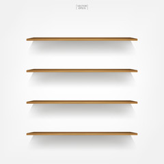 Empty wood shelf on white background with soft shadow. 3D empty wooden shelves on white wall. Vector.