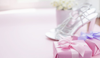 Banner Decorative composition Gift box with satin ribbon bow for women Flowers Buy Shoes a Glass of...