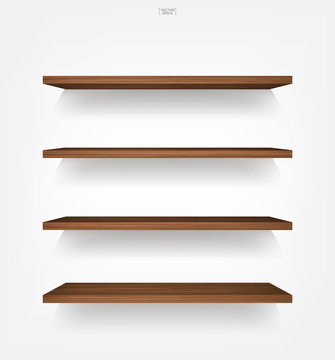 Empty wood shelf on white background with soft shadow. 3D empty wooden shelves on white wall. Vector.
