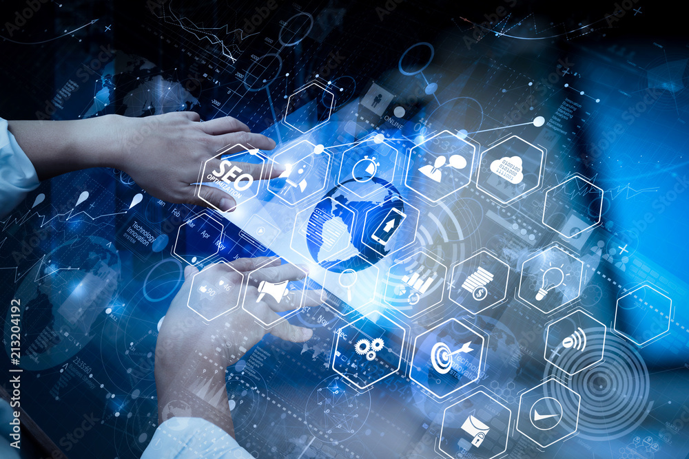 Poster top view of businessman hand working with modern technology and digital layer effect as business strategy concept