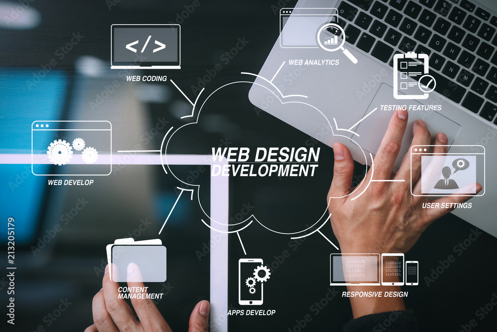 Poster cyber security internet and networking concept.Businessman hand working with  laptop computer and digital tablet background