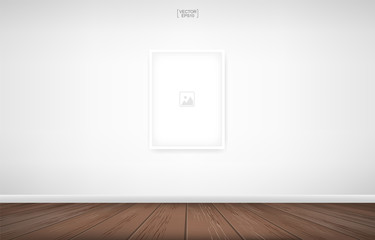 Empty photo frame or picture frame background in room space area with white wall background and wooden floor. Vector.