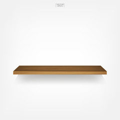 Empty wood shelf on white background with soft shadow. 3D empty wooden shelves on white wall. Vector.