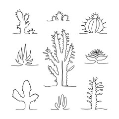 Set of isolated black sketch cactus. One line drawing cactus. 