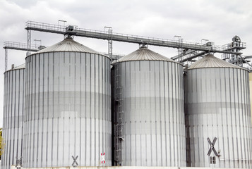 Agricultural Silos. Building Exterior. Storage and drying of grains, wheat, corn, soy, sunflower