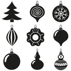 Black white xmas tree decoration silhouette set