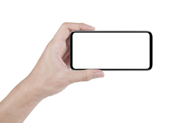 hand holding horizontal the black smartphone with white screen with clipping path
