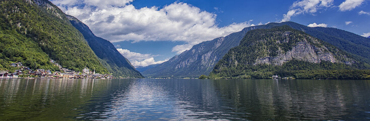 Naklejka na ściany i meble View idyllic Alpine mountains and lake in summer time .Postcard alps nature 