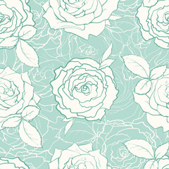 White rose flowers with closed, opened blossoms, leaves seamless pattern. Floral natural decoration background, backdrop element for fabric, textile design. Vector sketch illustration