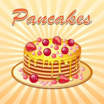 Illustration background of pancakes with honey and cherry strawb