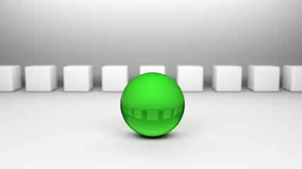 Grüne Kugel im Vordergrund vor einer Reihe weißer Würfel. Symbol für einen Anführer oder Differenz