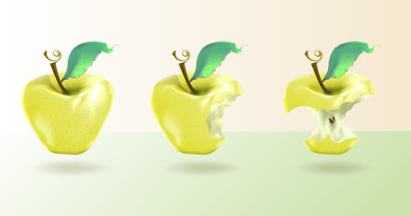 The illustration shows a yellow apple in three forms