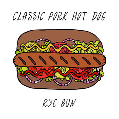 Classic Grill Pork Hot Dog on a Sesame Bun with Lettuce Salad, Tomato, Cucumber, Mustard, Ketchup. Street Fast Food Collection. Realistic Hand Drawn High Quality Vector Illustration. Doodle Style.