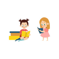 Vector flat small teen girls female school character sitting at big book pile heap another standing reading textbook smiling. Preschool child student, education concept Isolated illustration