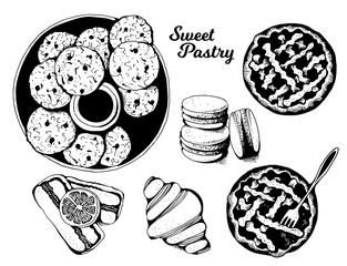 Bakery, sweet pastry vector set, hand drawn vector illustration: cookies, macarons, pies, cake, croissant isolated on white background