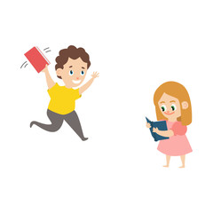 Vector flat boy kid running with book, girl standing reading, male female characters smiling. School child student, education literature concept. Isolated illustration white background