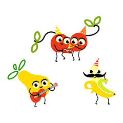 Vector flat fruit characters summer party set. Banana in party hat, mustache pineapple playing guitar dancing, cherry making selfie. Summer vacation, Isolated illustration, white background