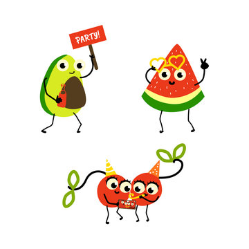 Vector flat fruit characters summer party set. Pineapple in fancy star glasses dancing, cherries making selfie on smartphone, lime with beer. Summer vacation poster. Isolated background illustration