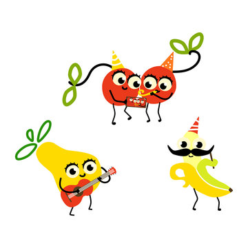 Vector flat fruit characters summer party set. Banana in party hat, mustache pineapple playing guitar dancing, cherry making selfie. Summer vacation, Isolated illustration, white background
