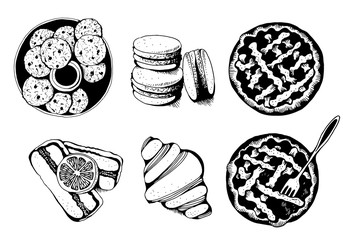 Bakery, sweet pastry vector set, hand drawn vector illustration: cookies, macarons, pies, cake, croissant