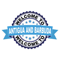 Welcome to Antigua and Barbuda blue black rubber stamp illustration vector on white background