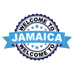 Obraz premium Welcome to Jamaica blue black rubber stamp illustration vector on white background