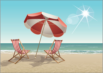 Vector tropical beach with chairs and parasol © JL-art