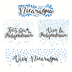 Set of hand written calligraphic Spanish lettering quotes for Nicaragua Independence Day with stars, confetti, in flag colors. Isolated objects. Vector illustration. Design concept banner, card.