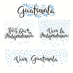 Set of hand written calligraphic Spanish lettering quotes for Guatemala Independence Day with stars, confetti, in flag colors. Isolated objects. Vector illustration. Design concept banner, card.