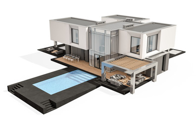 3d rendering of modern house isolated on white.