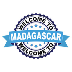 Welcome to Madagascar blue black rubber stamp illustration vector on white background